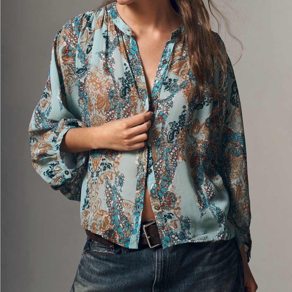 NEW Pilcro Sidney Batwing Teal and Brown Paisley Blouse Anthropologie